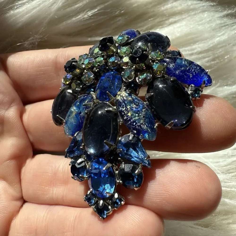 Vintage Hattie Carnegie Demi-Parure Blue Domed Cluster Cabochon AB Rhinestone